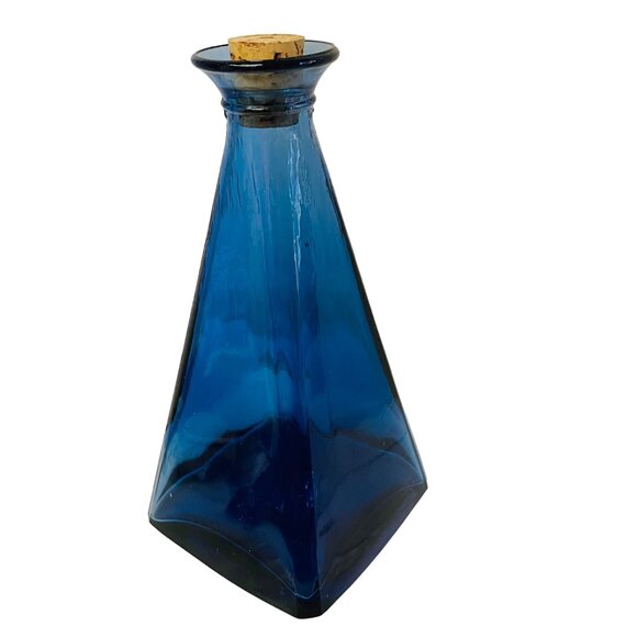 Vintage Blue Glass Pyramid Bottle With Cork Stopper - Picture 3 of 6